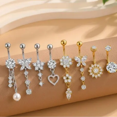 Belly Button Rings 8PCs/set Dangle Belly Button Rings Dangling Belly Button Rings Clicker Belly Button Ring Stainless Steel Rose Gold Belly Rings Belly Piercing Jewelry Navel Rings for Women