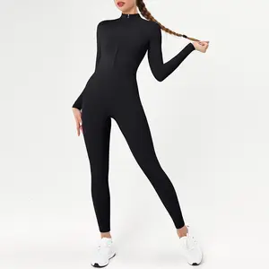 Zipper nude long-sleeved yoga onesie high-intensity trousers fitness sports onesie sporty yoga set flared sweatpants fitness legging