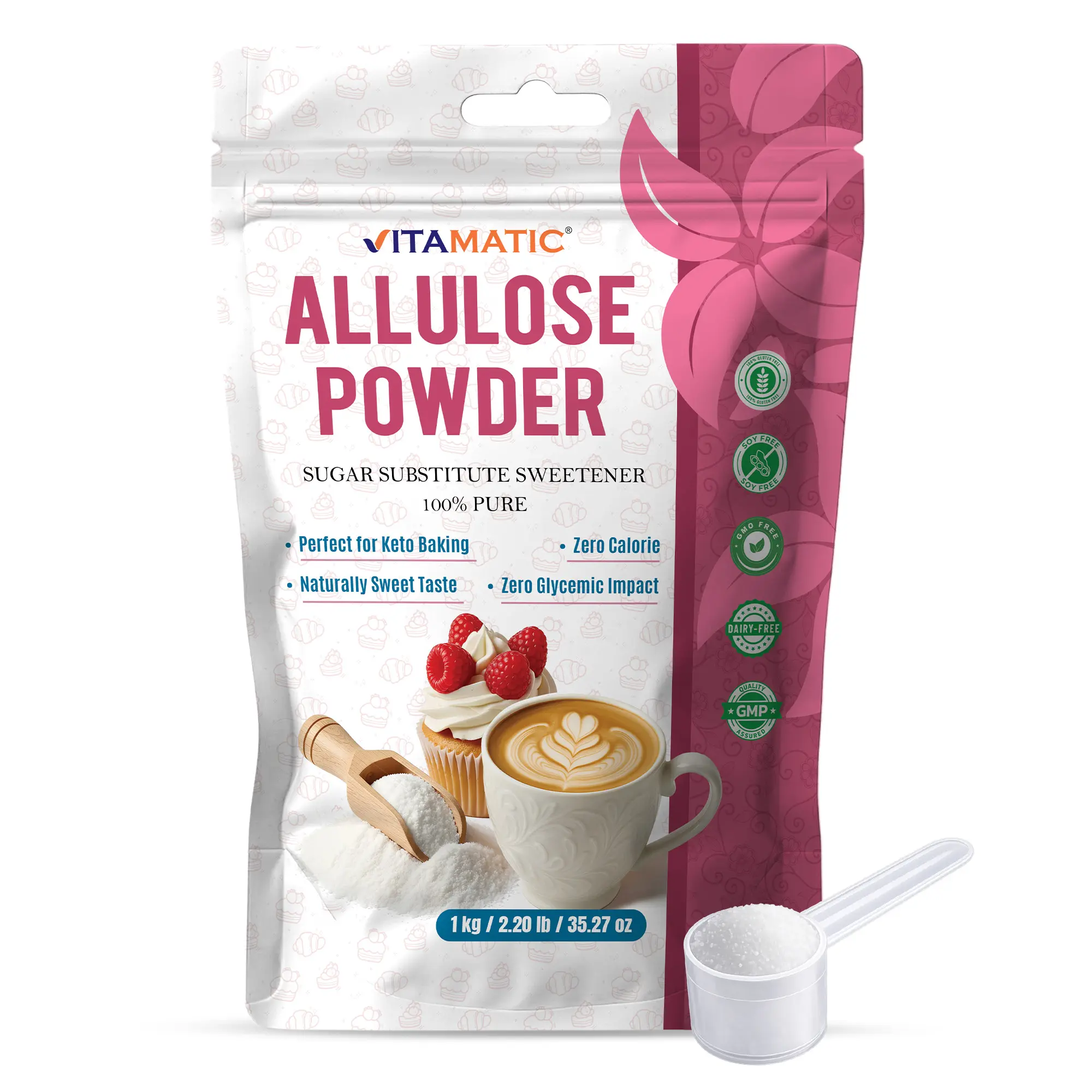 Vitamatic Allulose Powder 1 kg (2.2 lb) – Zero Calorie Sugar Substitute Sweetener – 1:1 Sugar Replacement – Keto Friendly, Zero Glycemic Impact, Non-GMO, Gluten Free