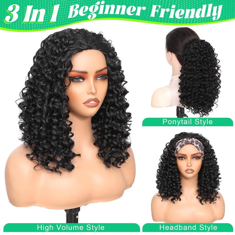 Kinky Curly Half Wig Synthtic Hair180Density curly 3In1 Half Wig Drawstring Seamless Flip Over Ready And Go Glueless Wigs With Beginner Friendly Upgrade Headband Wig for Women Daily Wear 14Inch