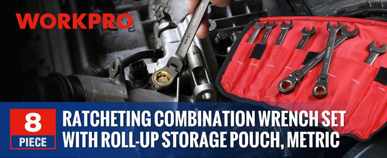 #JumpstartSale WORKPRO 8-piece Flex-Head Ratcheting Combination Wrench Set, 72-Teeth, Cr-V Constructed, Mirror Polished Chrome Plated with Roll Up Pouch