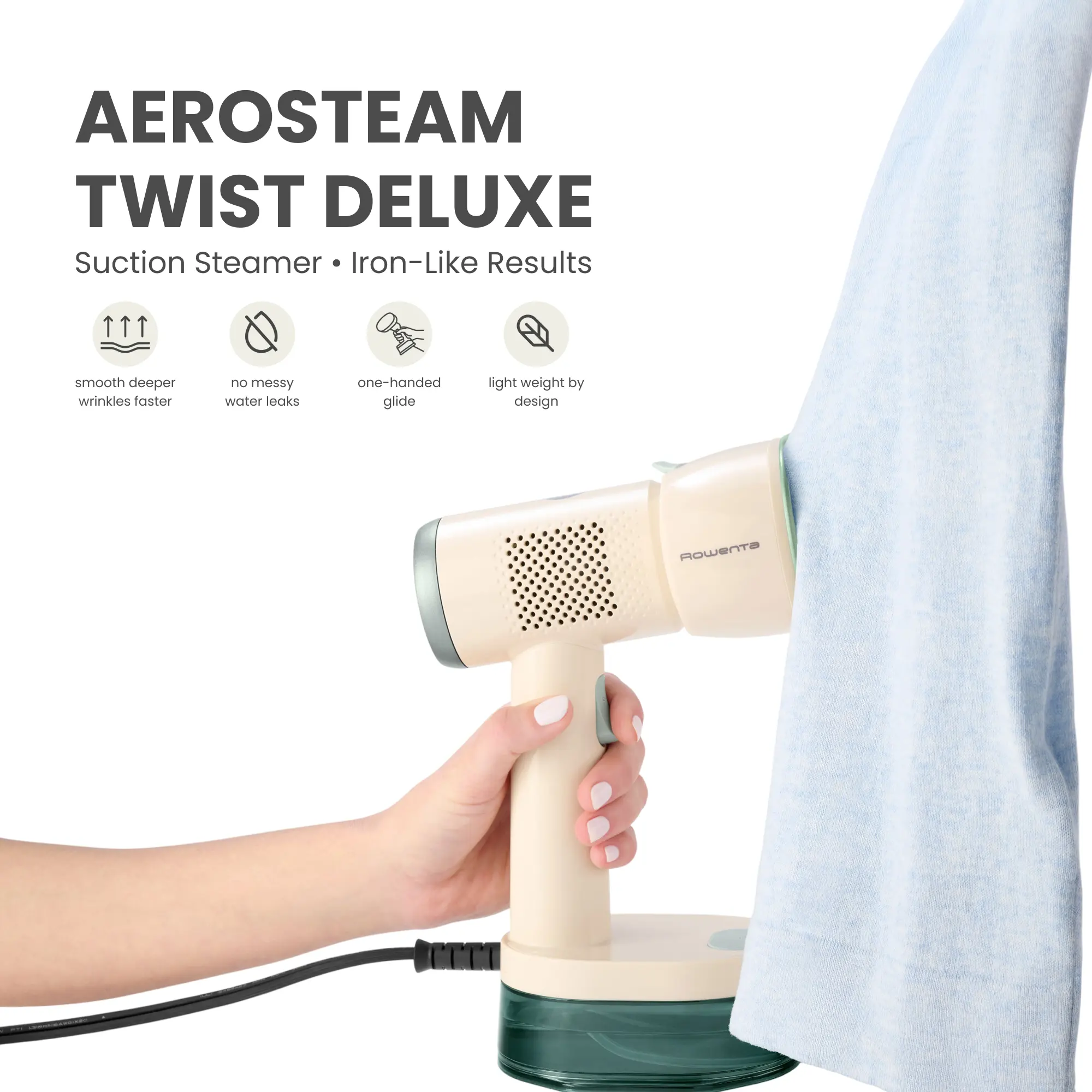 Rowenta AeroSteam Twist Deluxe Handheld Clothes Steamer - Fabric-Grip, 1260W Power, Ceramic Sole, Corded Unit (Model DR9332U0)