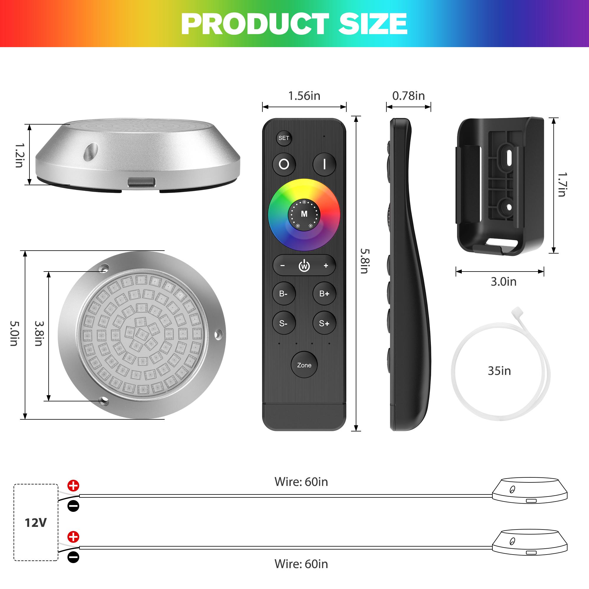 HUSUKU Wireless RGB Underwater Boat Lights, GT Series, DC12V, MAX 120W 12000LM, IP68, All-Metal Body, Wireless Grouping & Control Auto-Sync, Powerful for Yacht Boats Docking Transom