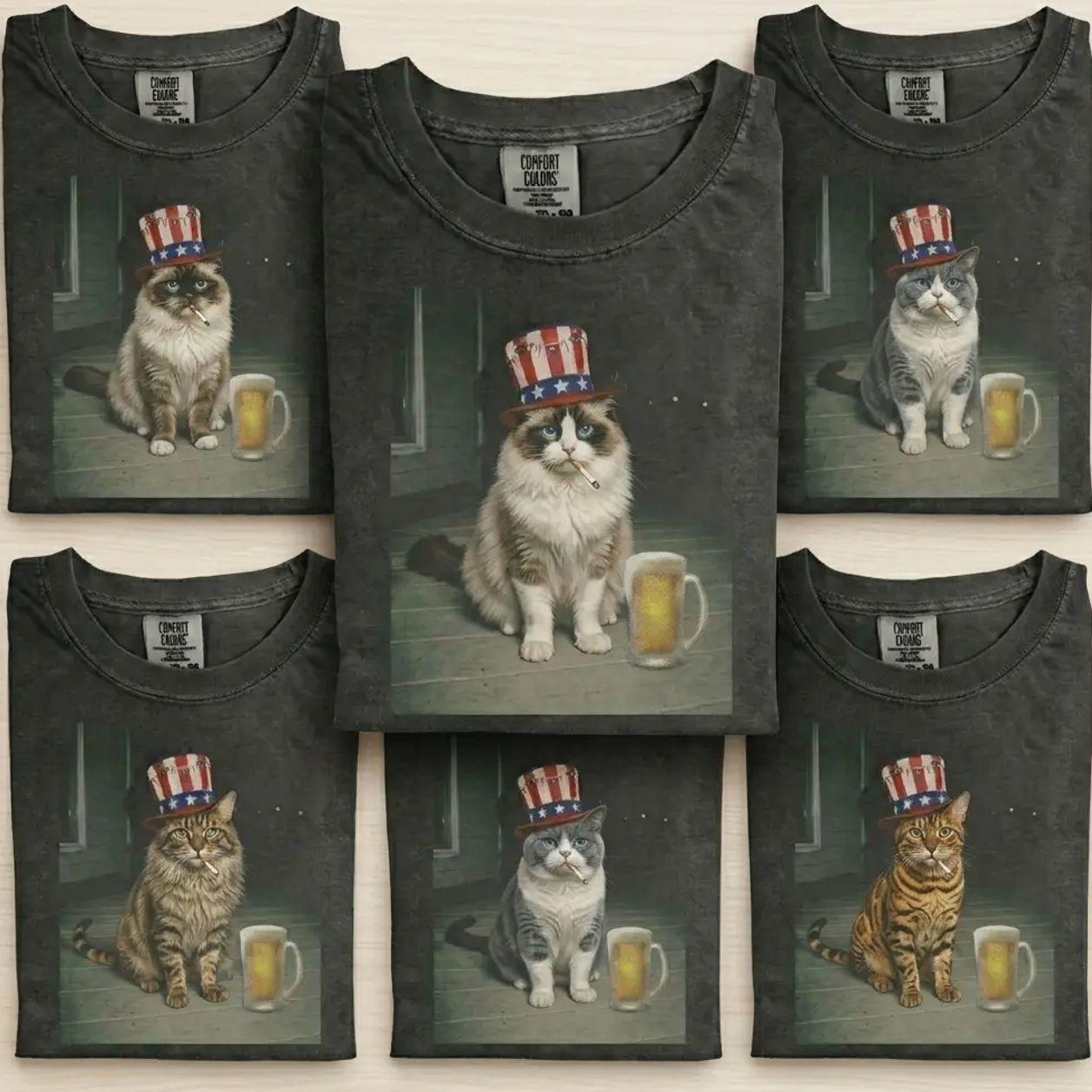 Comfort Colors Pepper Custom 50+ Cat Breeds Available Party Cat 4th of July Shirt,  Vintage 90s Funny Meme Tee, 4th of July Streetwear Graphic, Unisex Fit Design, Gift for Cat Lovers