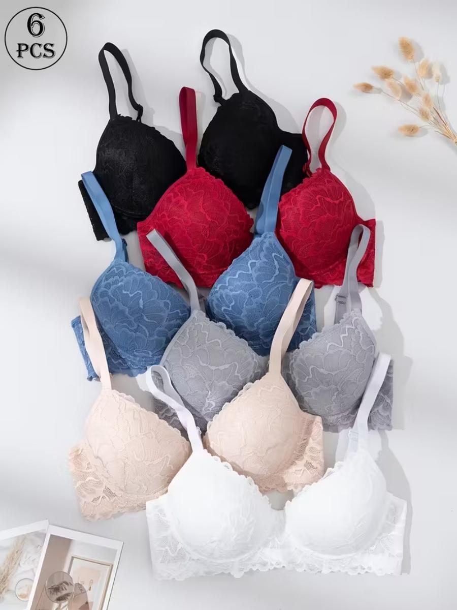 6pcs Stylish Lace-Up Push-Up Bras with Underwire - Non-Slip, Gathered Design to Create a Flattering Figure, Adult Sizes, Assorted Colors (Black, Red, Blue, Gray, White), Everyday Comfort| Gathered Lingerie| Nonremovable Paddin