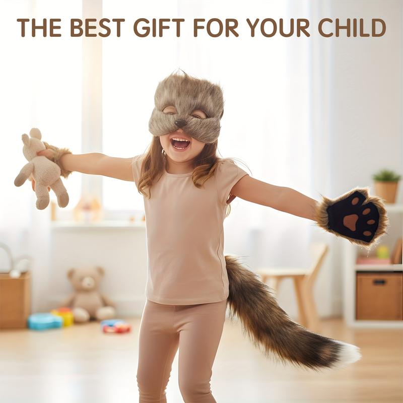 Faux Fur Fox Costume Set, 4Pcs Plush Mask Fluffy Claw Gloves & Tail Perfect for Halloween Christmas and Costume Parties Ideal Gift for Children halloween  boutique