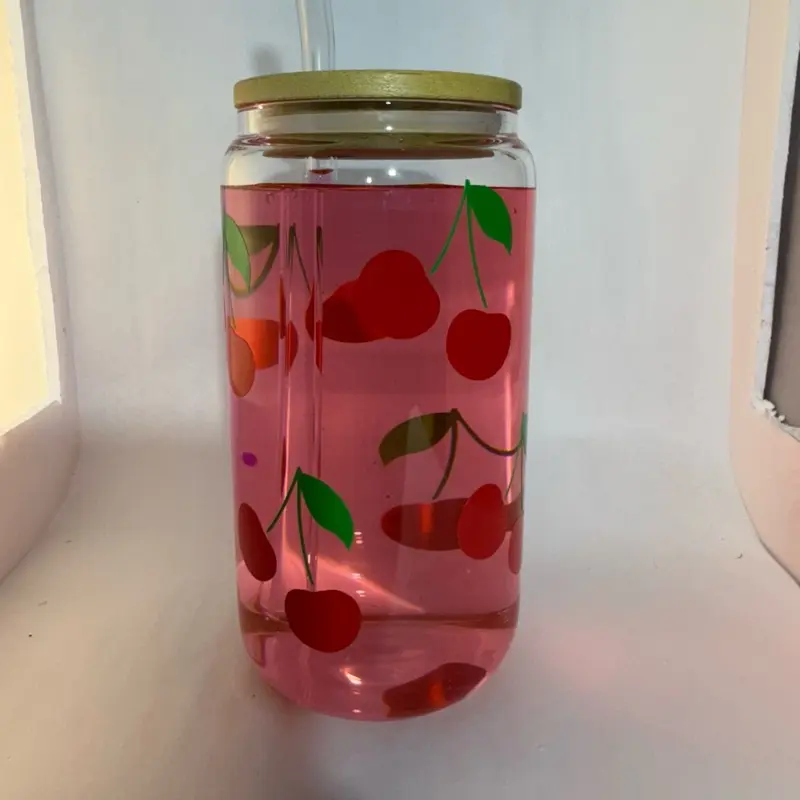 16 ounce cherry patterned vinyl print glass cup