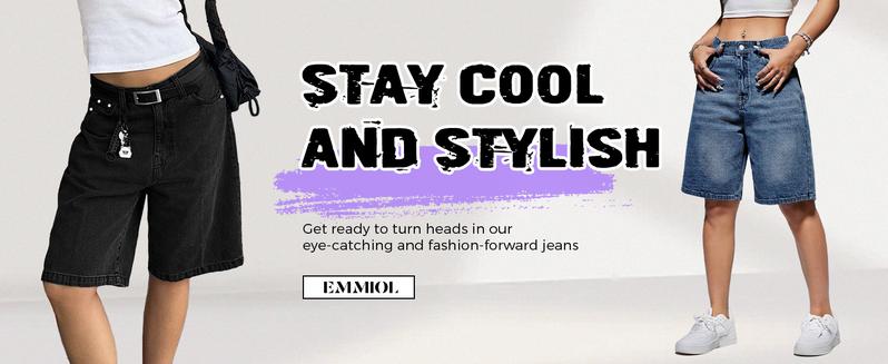 EMMIOL Women's Jorts Mid-Low Waisted Baggy Jeans Jorts Summer Casual Denim Loose-Fitting with Basic 5 Pockets - Blue Street Womenswear