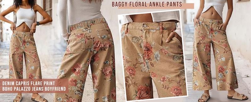 Chouyatou women's mid-rise floral print cropped jeans bohemian loose wide-leg jeans
