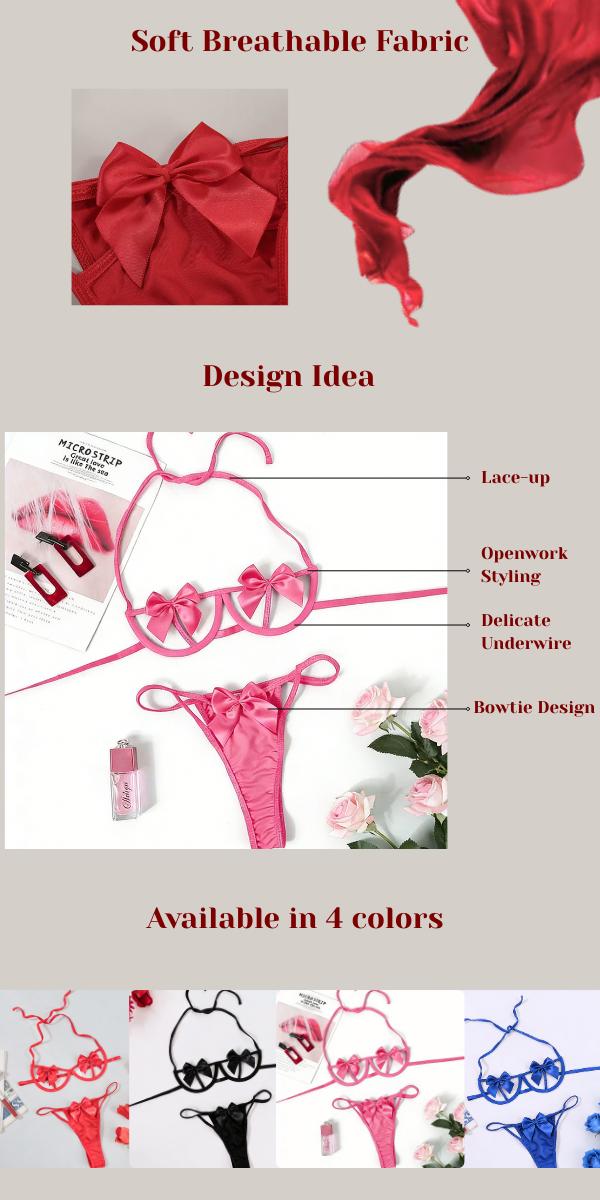 Women's Red Floral Lace Bow Lingerie Set Elegant Halter Top Crotchless Thong with Adjustable Straps Cute Sweet Style Underwear