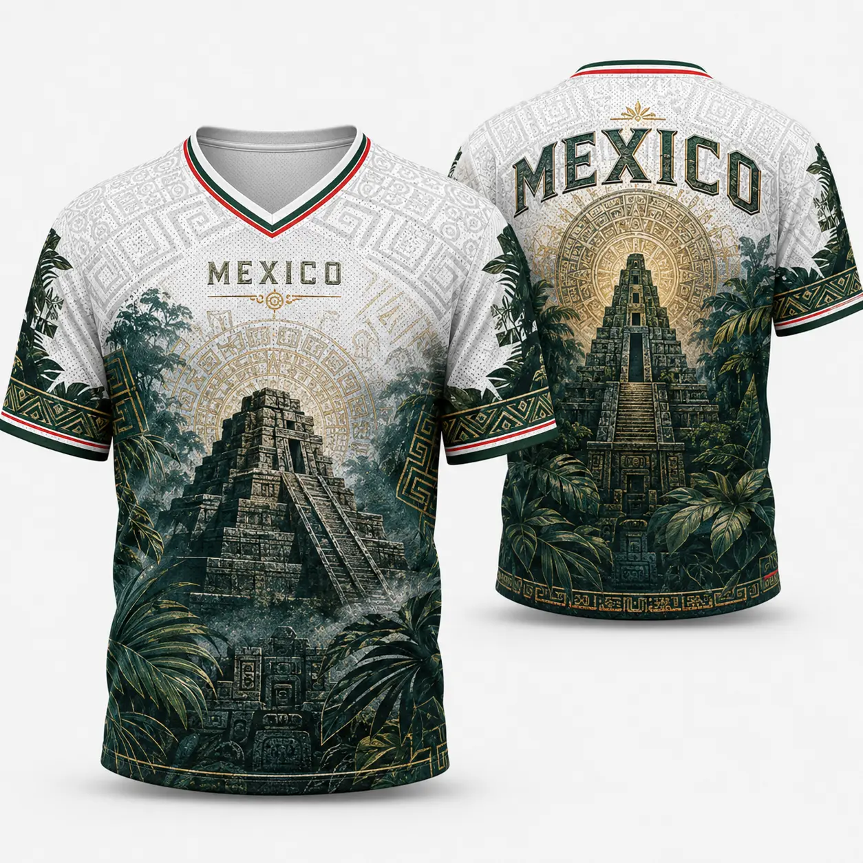 Men's 2026 Mexico-Inspired White V-Neck Short-Sleeve Sports Jersey - Ancient Temple Jungle Graphic, Aztec Calendar-Inspired Print, Flag Sleeve Accents - Sports Top, Mexico Soccer Jerseys for Game Day Styling, Festivals, Athletic Active Tops, Fans, Jersey