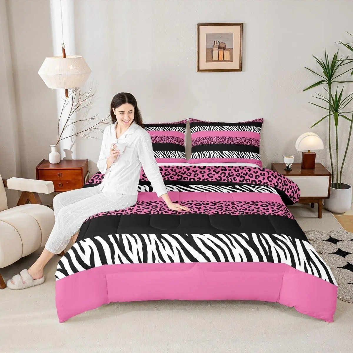Feelyou Multi-Size Animal Print Patchwork Bedding Set - Leopard, Wild Cheetah, Zebra Skin Texture, Blush Pink Duvet Insert, Stripes Geometric Down Comforter, Pillowcases, Core Pieces Included, Travel-Friendly, Women's Room Decor