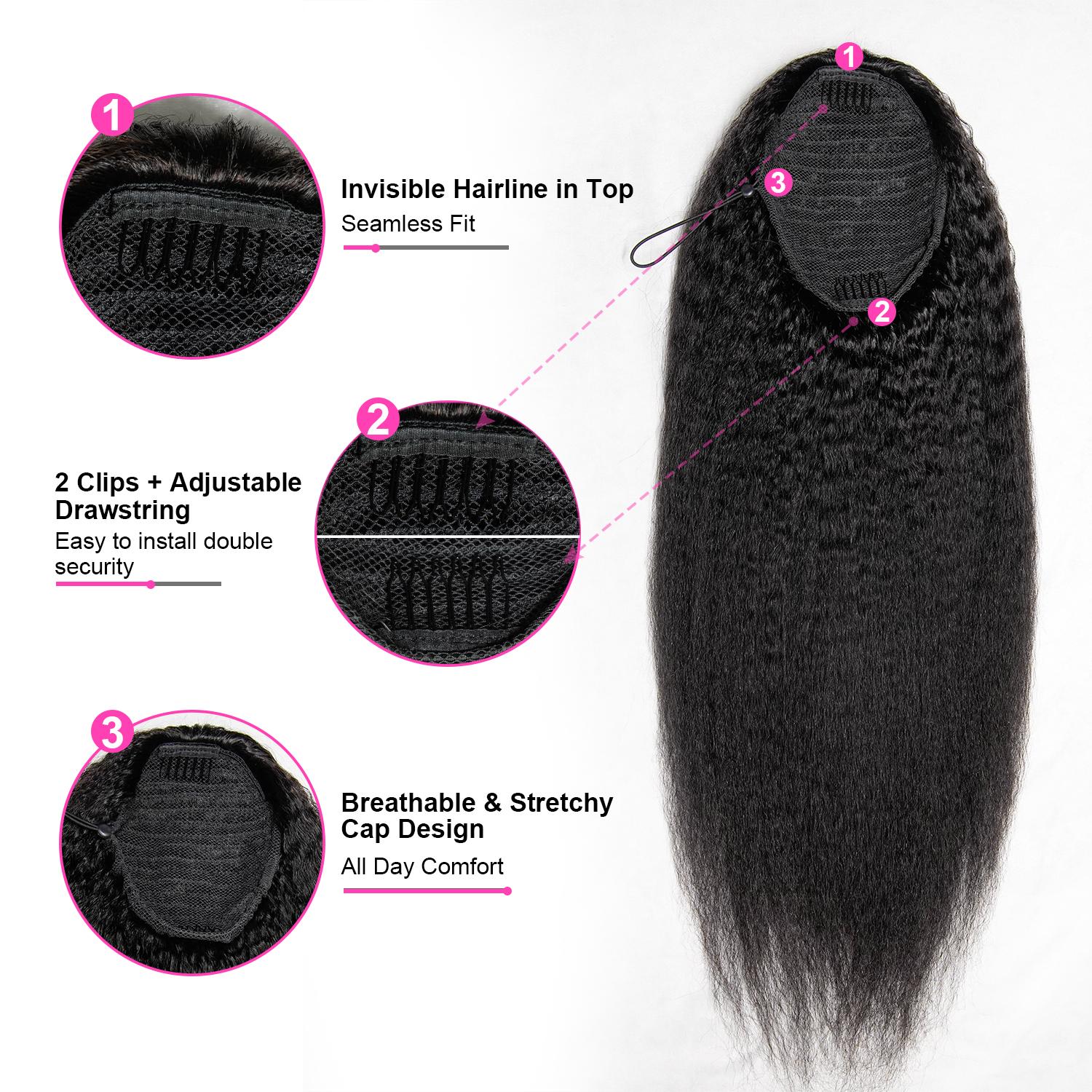 [New In] BGMgirl Kinky Straight High-Density 10-Sec Ponytail Protective Hairstyle Draw-string Ponytail Hair Extensions Ponytail 100% Human Hair eve valentines day gift