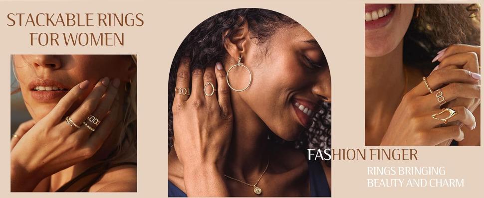 FIBO 9 Pcs Chunky Gold Rings Set for Women 18K Gold Plated Adjustable Open Dome Rings Statement Signet & Liquid Metal Wave Finger Jewelry Aesthetic Trendy Pack for Party Gift SpringStatements