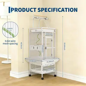 60" h Bird Cage, Parakeet Cage with Playtop, Bird Rope Perche, Feed Bowls, White Parrot Cage for Parakeets, Conures, Cockatiel, Cockatoo