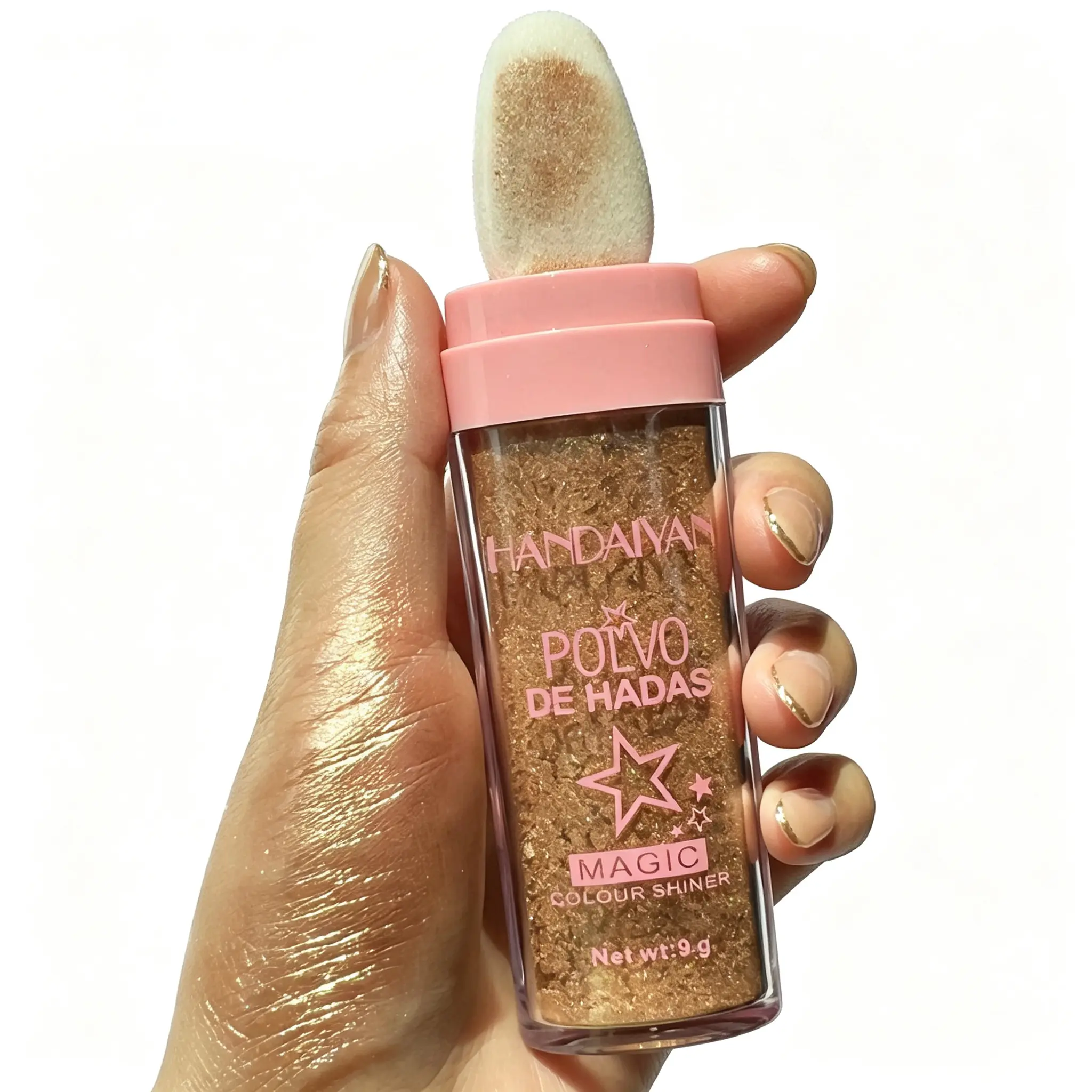 HANDAIYAN Pearly Highlighting Powder with Sponge Tip, Natural Shimmer Fairy Glitter, Dab-On Control for Face Eyes Collarbones