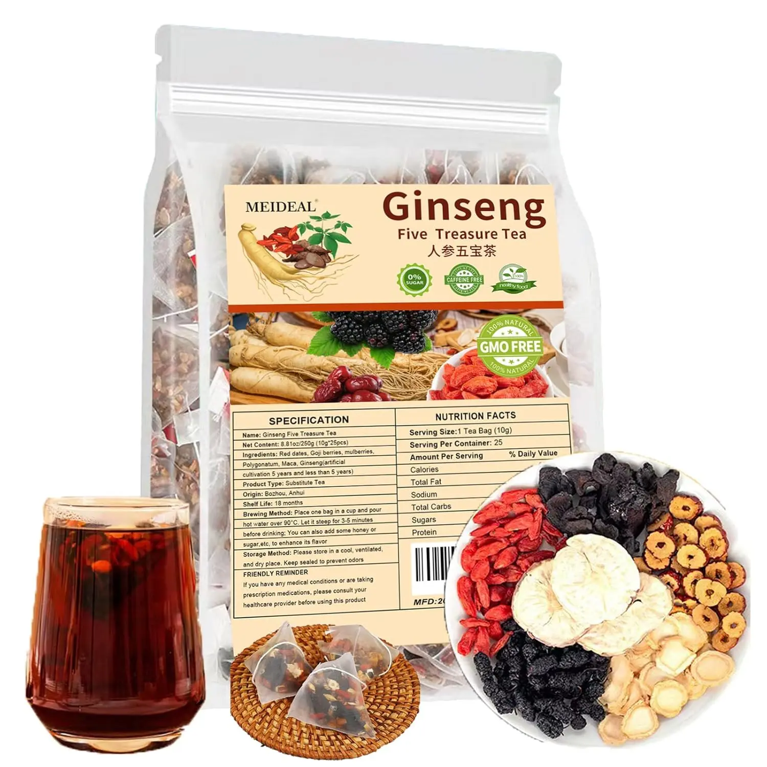 Ginseng Five Treasures Herbal Tea Bags (25 Count) – Traditional Chinese Botanical Blend with Ginseng, Caffeine-Free Wellness Tea for Men & Women, Natural Herbal Infusion