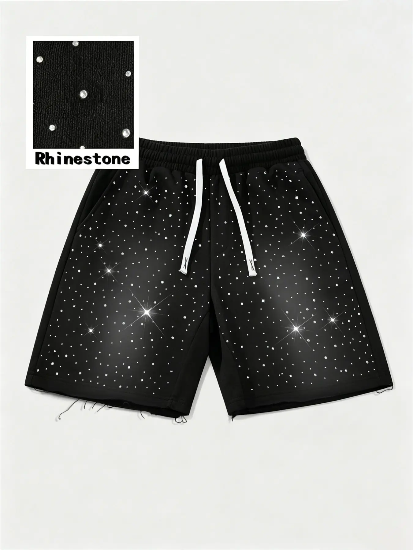 Men's Casual Sport Drawstring Shorts, Athleisure Street Shorts, Athletic Shorts Casual, Full Rhinestone Design, Regular Fit, Graphic Shorts for Summer Daily Wear and Outdoor Activities