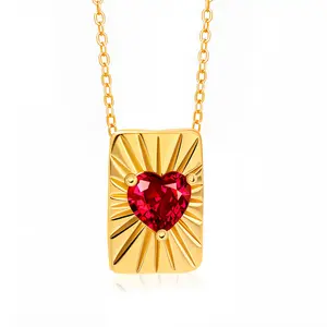 Milan Chiva Gold Heart Pendant Necklace for Women 14K Plated Dainty Sunburst Tag Chains Minimalist Trendy Jewelry MNS-1043RD