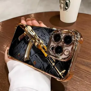 Trendy Cool Gold Weapon MoneyLuxury Fashionable Ins Four Corner Airbag Anti-drop,Slip Phone Cases for IPhone 16 15 14 13 12 11 X XS Pro Max Plus Shockproof Cover,To Family,Boy,Girl,Friends,Man,Women As A Birthday Gift