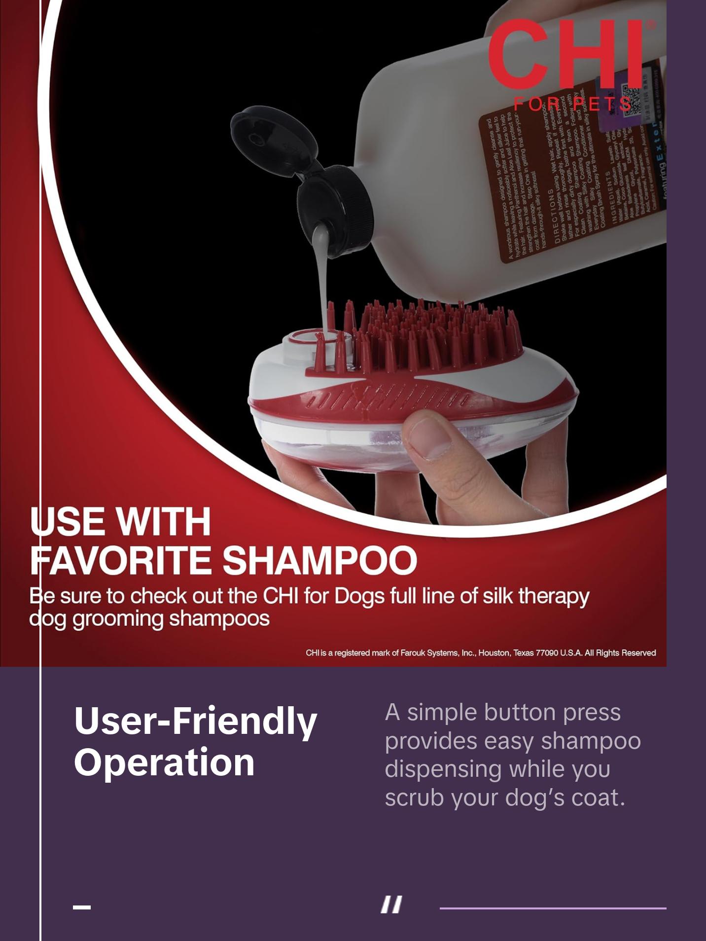 CHI for Dogs Soap Dispensing Palm Brush - Handheld Dog Grooming Tool with Built-In Soap Dispenser - Easy-to-Use Dog Brush for Bathing and Massaging Coats - Gentle on Skin