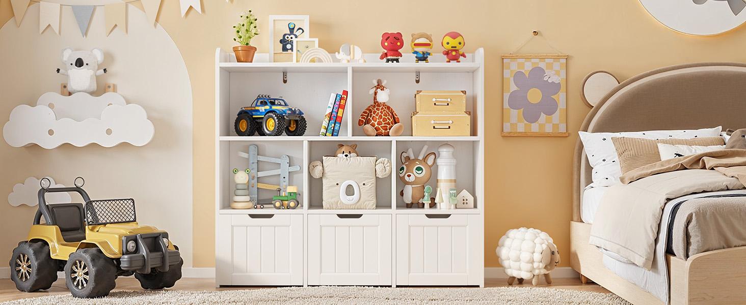 Gizoon Toy Storage Cabinet and Kids Bookcase with 3 Movable Drawers and 6 Open Shelves Featuring Fall Prevention Barrier for Playroom Nursery Kids Room Organization
