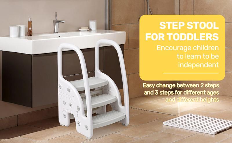 GARVEE Adjustable Step Stool for Toddlers - Perfect for Bathroom, Kitchen, and Potty Use, Featuring a Safe Handle for Easy Climbing and Stability, Ideal for Growing Children to Reach Counters and Sinks