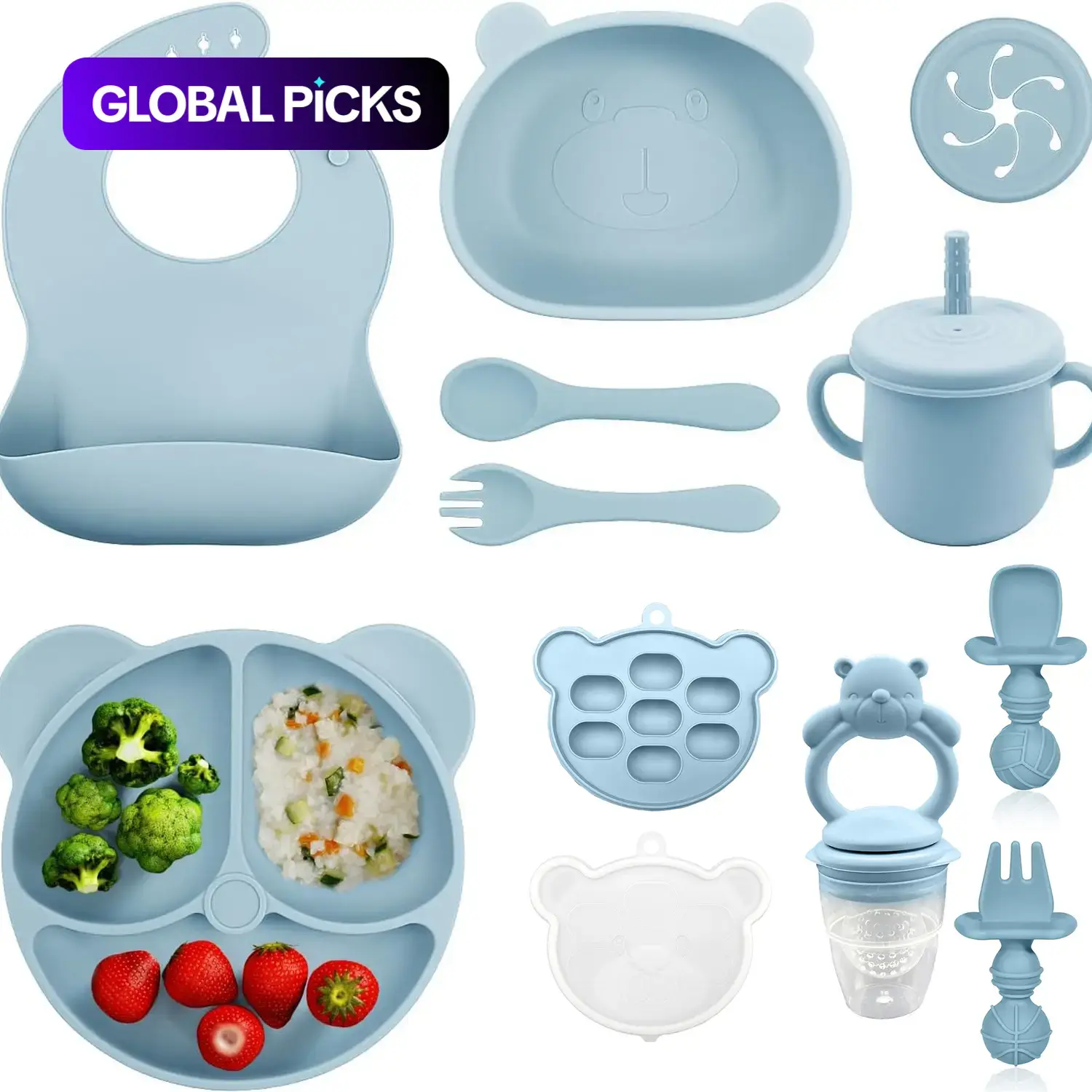 Bear Silicone Baby Feeding Set, Toddler Plates And Bowls Set, 11-Piece Baby Dinnerware Set, Toddler Dinnerware Set, Toddler Utensils with Bowl, Spoon, Fork, Bib, Straw Cup, Snack Cup and Ice Cube Box