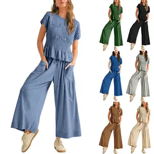 WoodBerry Women's 2-Piece Smocked Top & Wide-Leg Pants Set–High-Waisted Lounge  Outfit with Pockets Casual Boho Matching Set Minimalist Basic Crewneck Clothes Suits Fitted