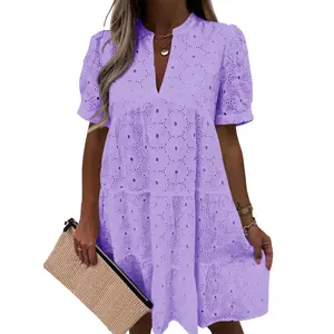 【MothersDayGift】Wenrine Women’s Summer Lace Dresses Eyelet Casual Flowy Babydoll Swing Short Sleeve V Neck Tunic Dress