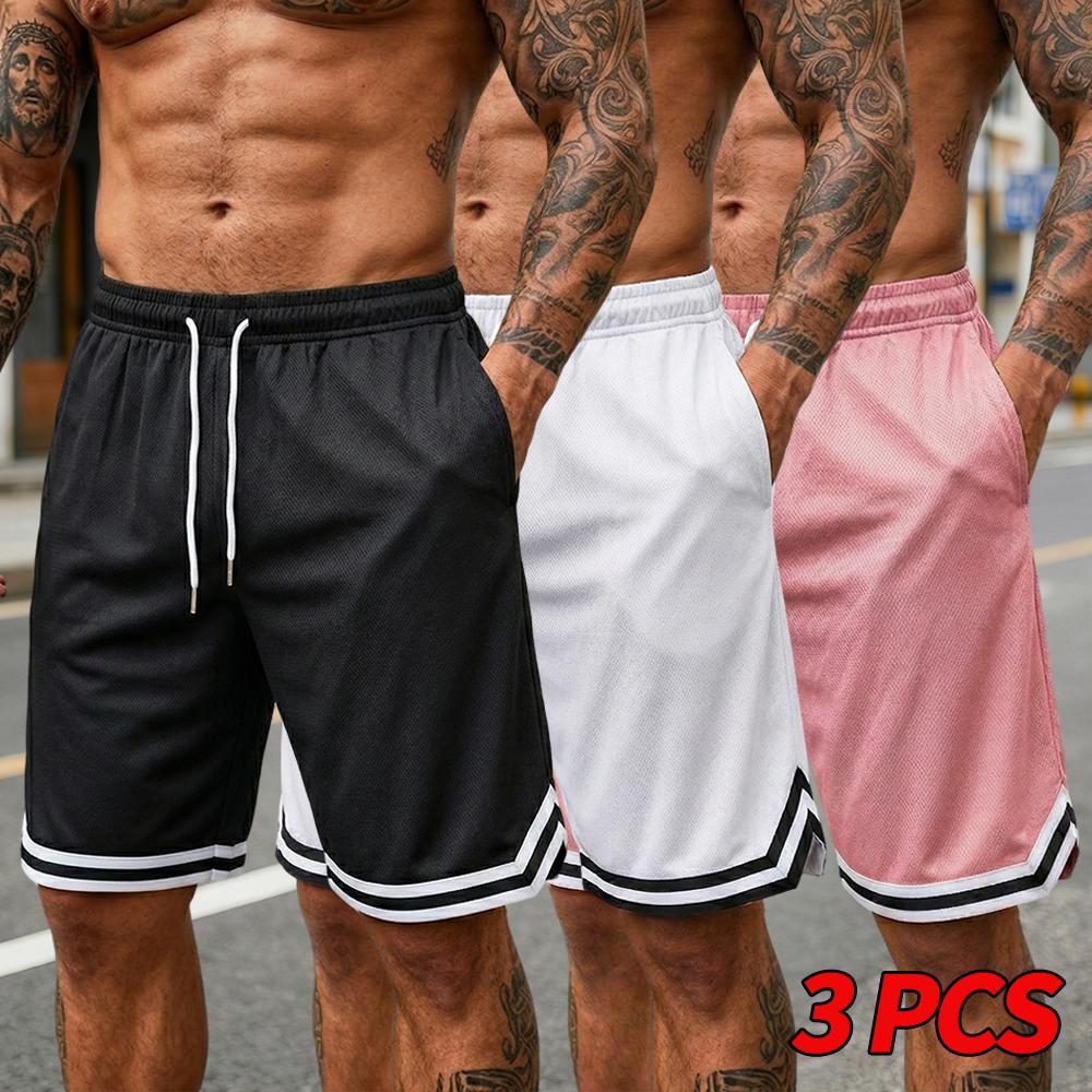 Men’s 3 Pack Summer Sports Shorts – Black/White Mesh, Breathable Quick Dry Basketball Training Shorts, Loose Fit Drawstring, Knee Length Casual Running Fitness Shorts