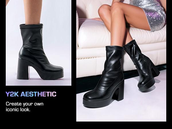 DREAM PAIRS Women's Square Toe Platform High Chunky Block Heel Y2K Ankle Flared Leather Boots Girl Inner Side Zipper for Easy Wear Fall Autumn Winter Classic Comfortable Walking Shoes