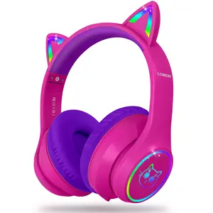 LOBKIN Bluetooth 5.4 Kids Headphones with Case - RGB LED Light Up Cat Ears Foldable Adjustable Over Ear Headphone Support Wireless or 3.5mm Wired Mode for Toddler & Girls & Boys Teens