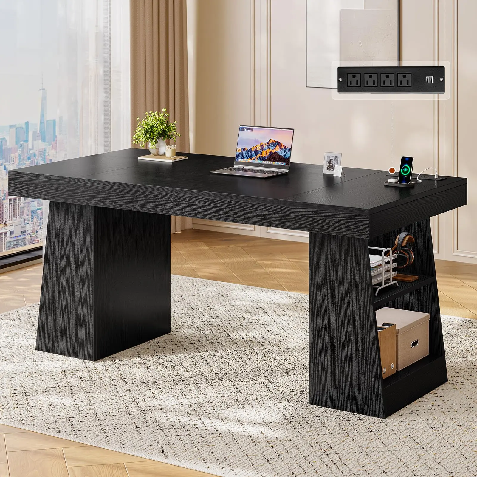 55.9" Executive Desk with Power Outlets & Storage Shelves, Modern Home Office Desk with double pedestal, Wood Computer Desk Business Workstation Desk Conference Table, Black