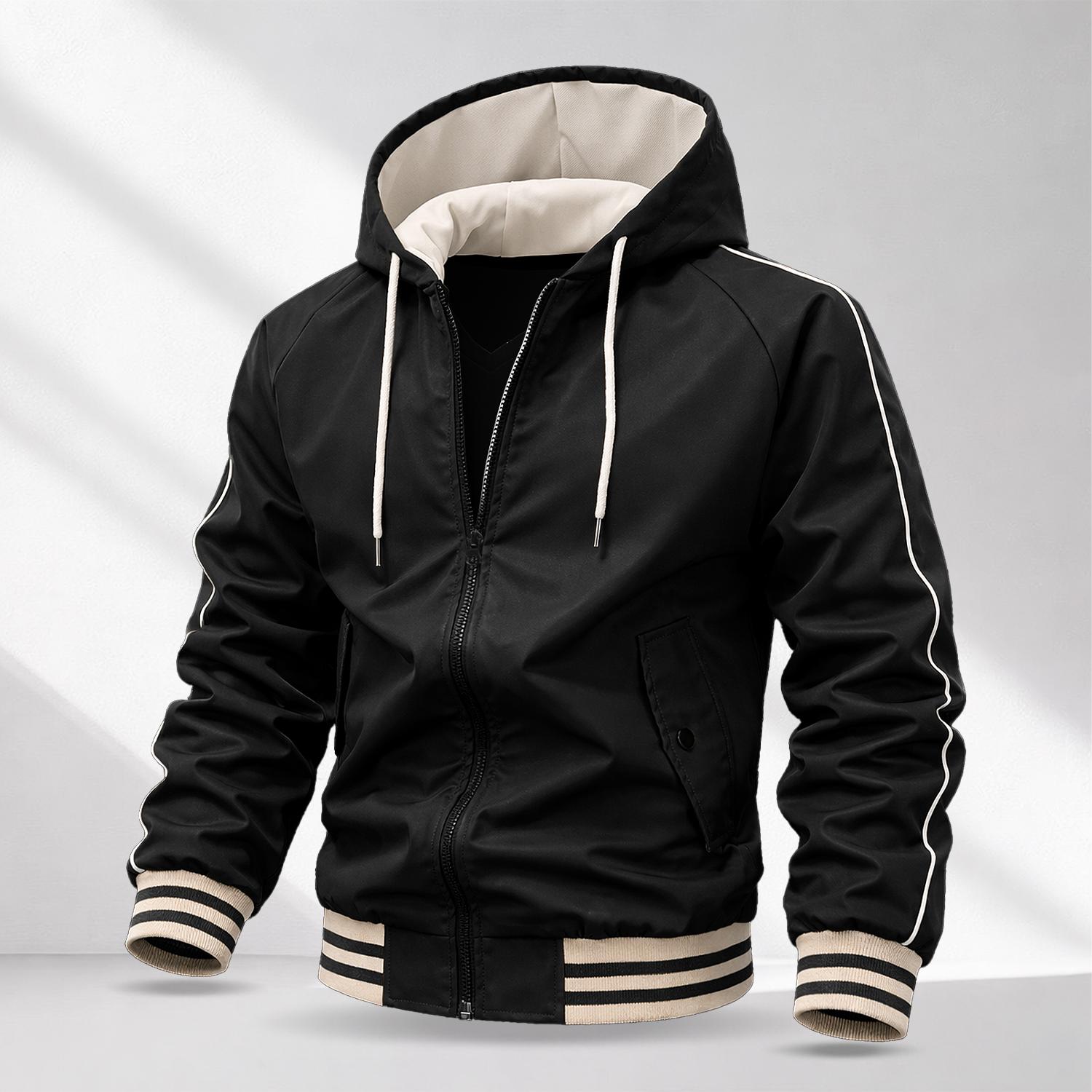 Men’s Patchwork Zip-Up Hooded Jacket – Lightweight windproof casual jacket with a soft, smooth street style, featuring contrast striped cuffs, suitable for everyday wear and outdoor commuting Casual