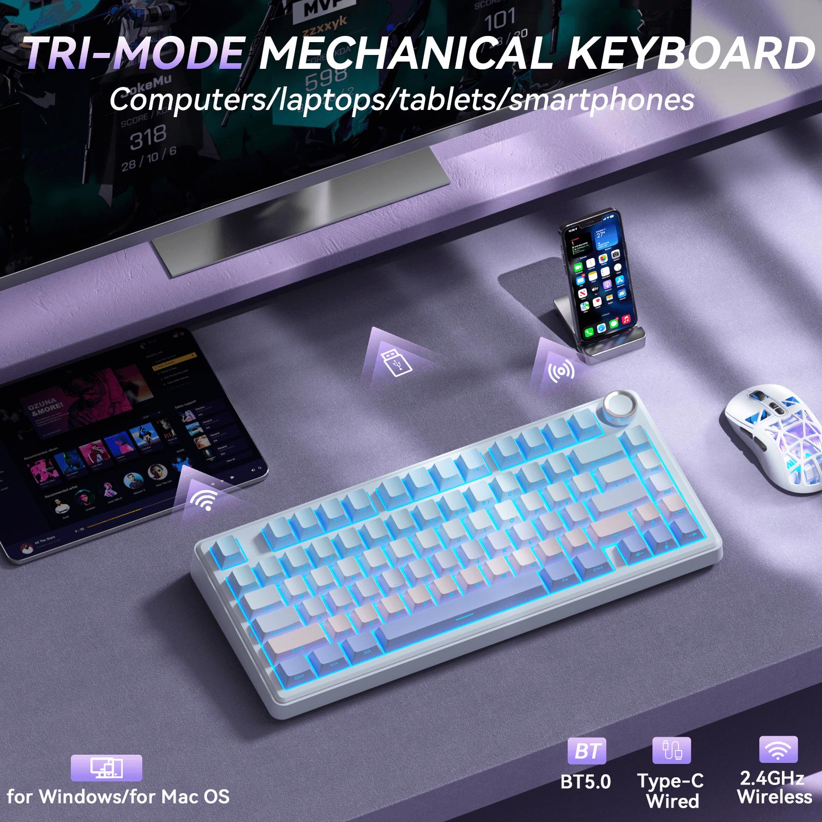 SOLAKAKA A75 Wireless 75% Mechanical Keyboard features hot-swappable keys, RGB lighting, a multi-function knob, sealed keys, PBT keycaps, and a creamykeyboard design. It is suitable for PC/Mac.