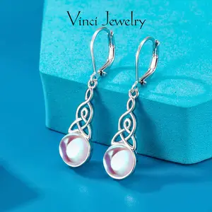925 Sterling Silver Celtic Kont Earrings, Elegant Synthetic Moonstone Ear Jewelry for Women, Perfect for Daily Wear and Party, Birthday Memorial Valentine's Day Gift for Her