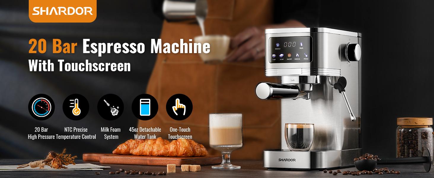 Professional Espresso Machine 20 Bar with Milk Frother Steam Wand and Touchscreen, Compact Stainless Steel Coffee Machine with Adjustable Temperature Coffee Making Machine