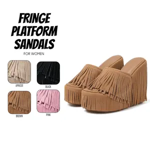Fringe Platform Sandals for Women Open Round Toe Tassel High Heels Easy Slip on Wedge Heeled Suede Slides Work Casual Spring Summer Footwear Party Boho Cowboy Style Dressy Shoes