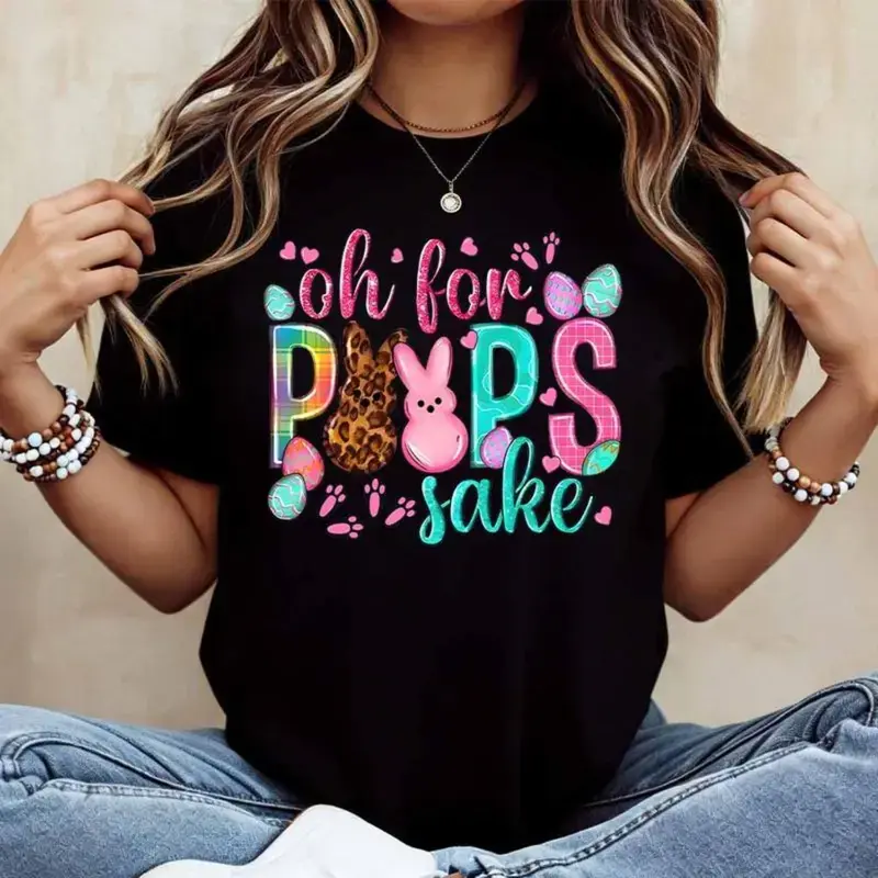 Men's Casual Easter Graphic Tee "Oh For Peeps Sake" with Bunny Rabbit Print Soft Cotton Regular Fit Short Sleeve Machine Washable for Parties & Summer Wear Easter Shirts Spring
