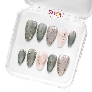 EMERALD GRACE Premium Handmade Press-On Nails Long-Lasting Short Almond Shape Glossy Green, White, Gold Finish Rich Green White Tones Capture Jewel-Toned Elegance Style