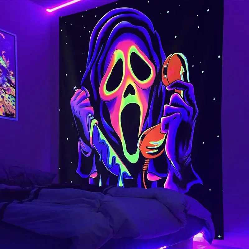 Horror Ghost Face Blacklight Tapestry, UV Reactive Tapestries Wall Hanging, Halloween Decoration Glow in The Dark Party Backdrop Tapestry for Bedroom, Living Room outdoor gift ideal festival home aesthetic headboard photography supply school dormitory
