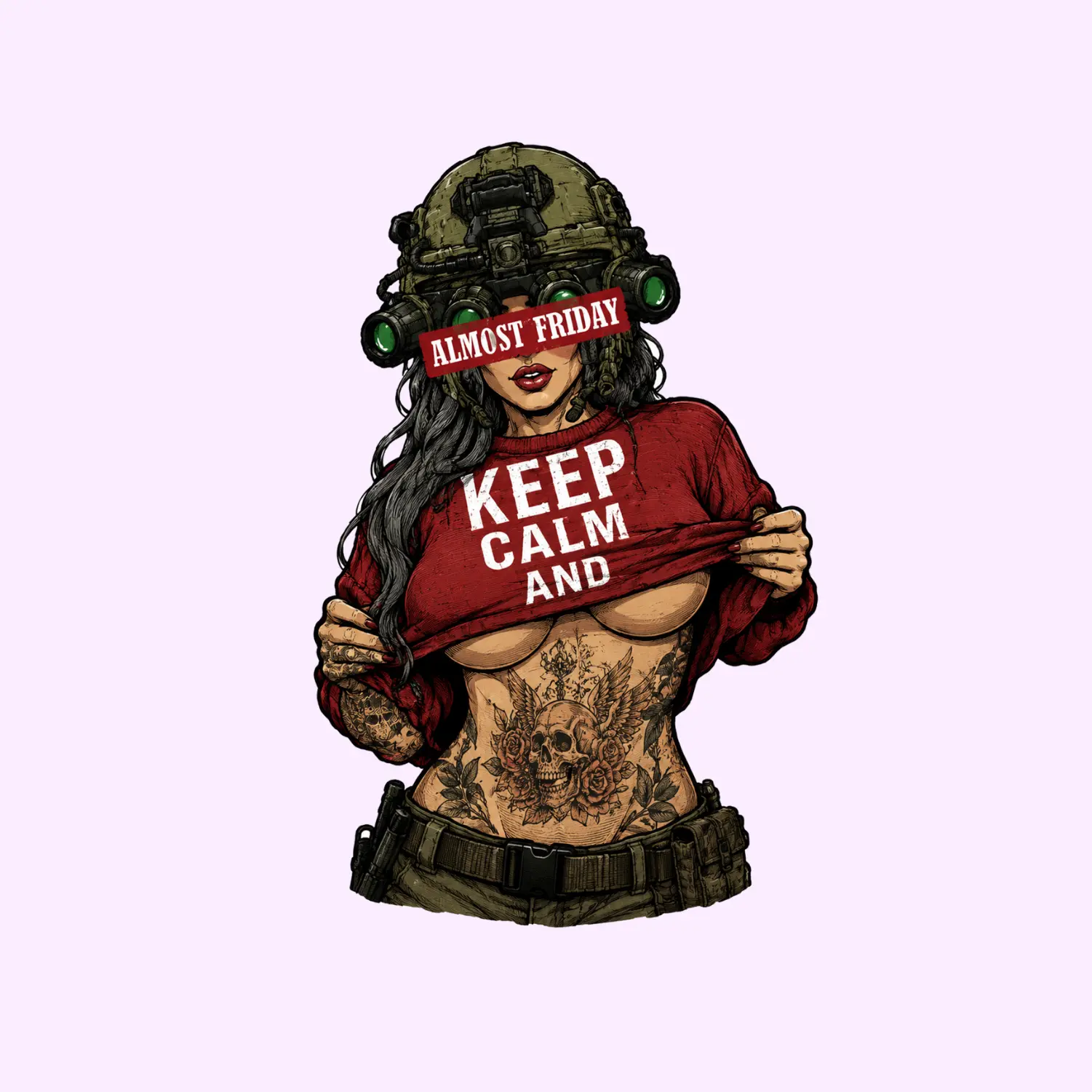 Almost Friday Tactical Girl Sticker, Funny Military Humor Vinyl Decal, Tattoo Woman Sticker for Laptop