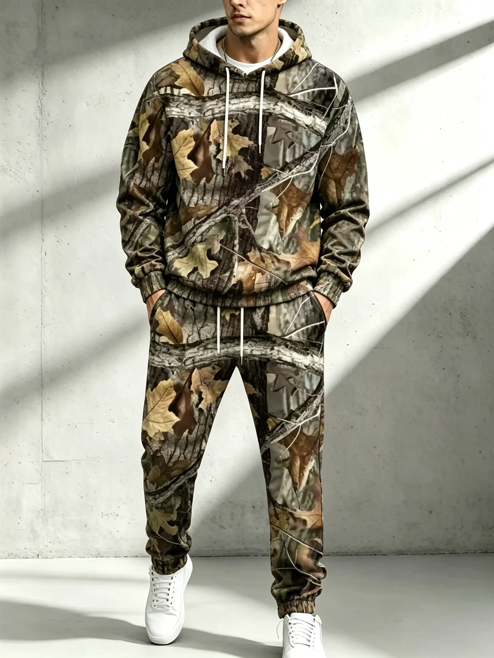 Men’s two-piece set: hooded sweatshirt and athletic pants, 3D realistic tree camouflage with numeric print; casual outdoor sportswear for everyday wear. Casual Sportswear Outfit Athleisure Activewear Clothing