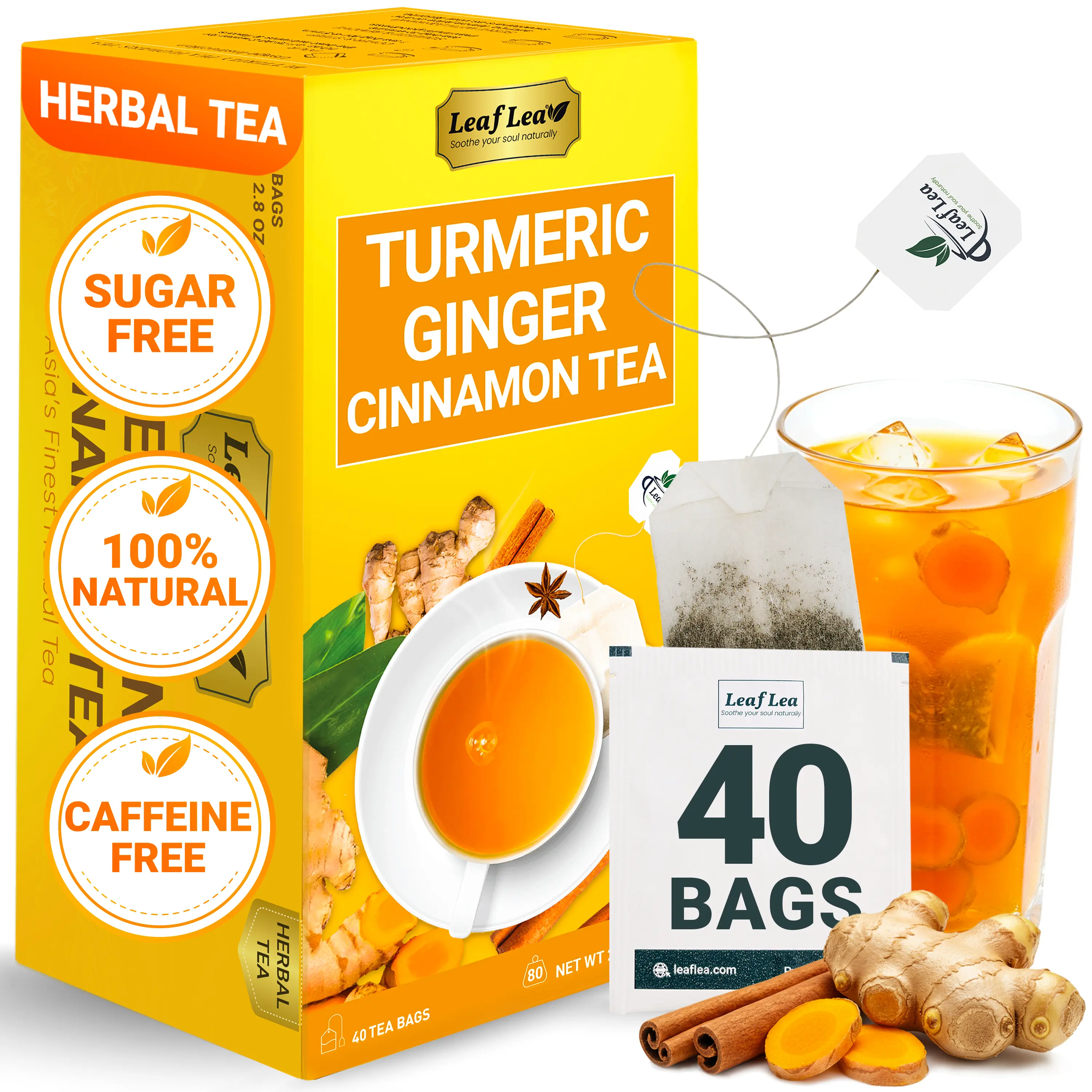 LeafLea Turmeric Ginger Cinnamon Tea Bags, 100% Natural Ingredients Herbal Tea, Turmeric Ginger Herbal Blend for Wellness, Vegan, No Sugar, Caffeine-Free, Individually Wrapped for Freshness