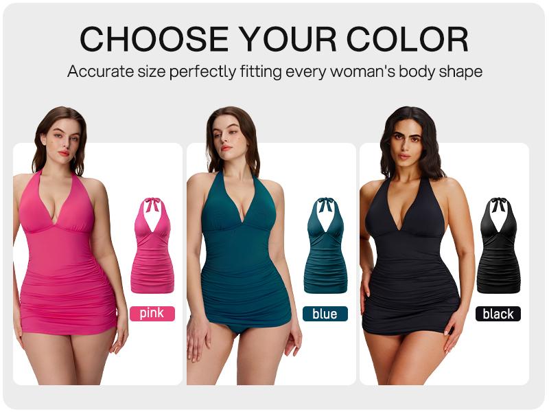 Lilylove 2026 New Women's Halter Tankini Set Ruched V-Neck Sculpting One Piece Swimsuit Tummy Control Slimming Snatched Waist Shapewear Bathing Suit Swimwear Swimming Beach