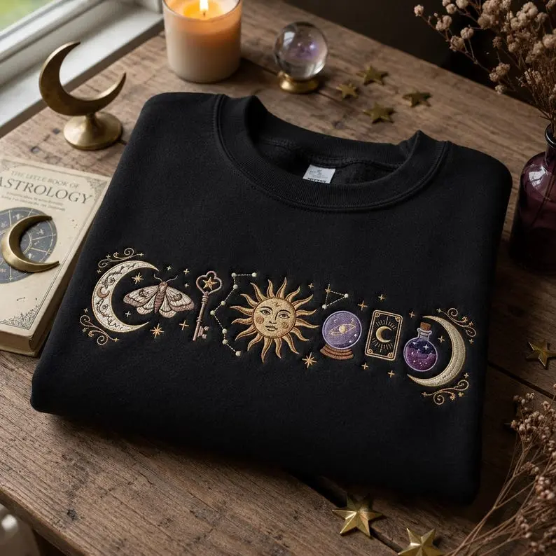 Mystical Magic Embroidered Shirt, Mystic Occult Witchy Embroidery Sweatshirt, Moon Star Hoodie, Cosmic Lover Gift, Cosmic Shirt