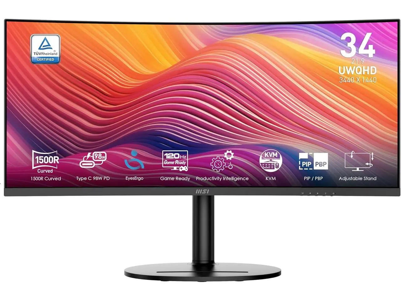 MSI 34" 120 Hz VA UWQHD Monitor 1ms (MPRT) / 4ms (GTG) Adaptive-Sync Adobe RGB / DCI-P3 / sRGB: 92% / 95% / 119% Curved Modern MD342CQP
