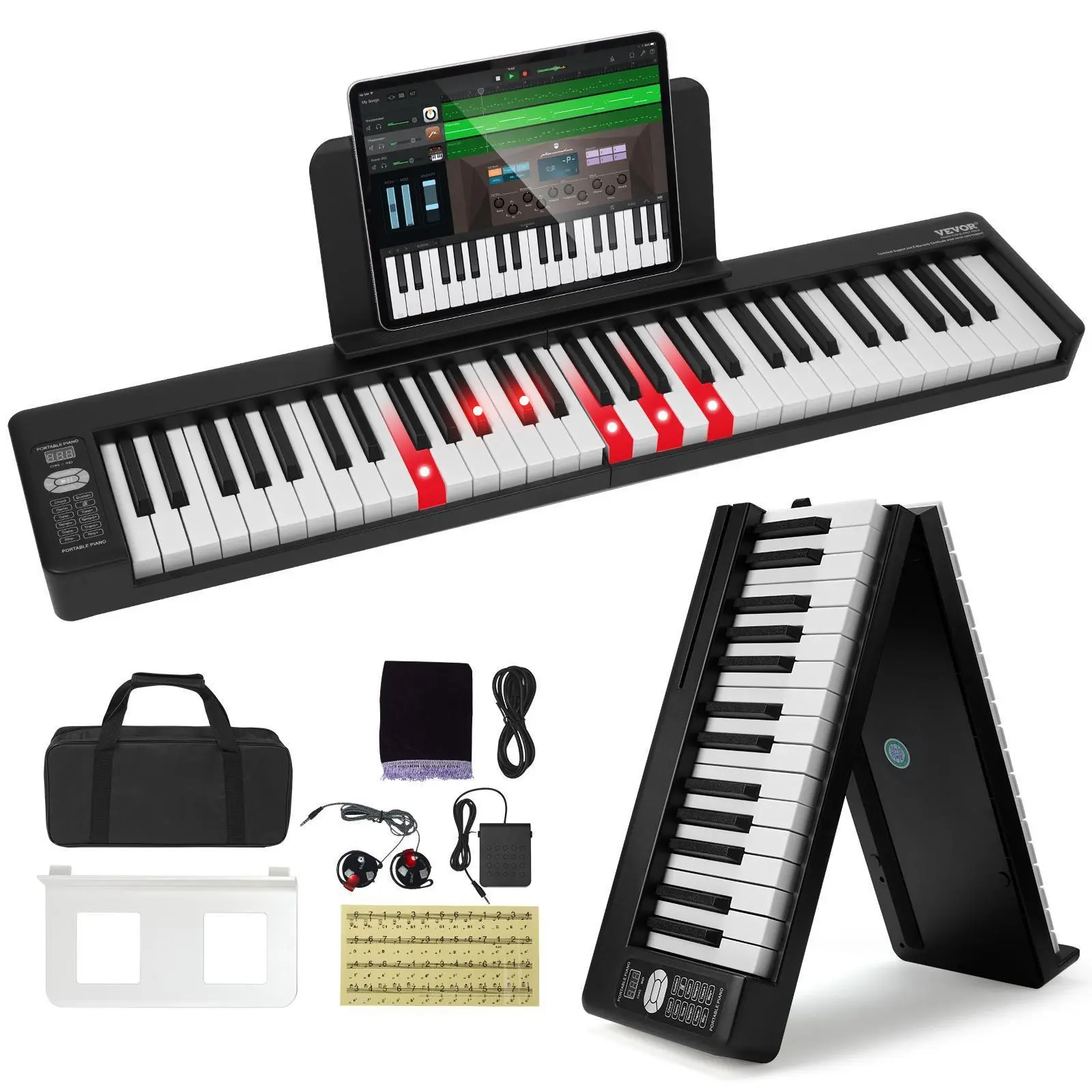 【Summerfinds】VEVOR 61 Key Black Foldable Piano Keyboard Kit, Bluetooth & MIDI, Touch Sensitive Lighted Keys, Sustain Pedal, Rechargeable Portable Electronic Piano with Bag, 128 Standard Tones, 21 Demo Songs for Beginners Teens