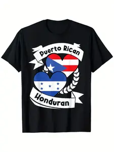 Men's Puerto Rican Honduran Heart Flag Graphic T-Shirt - Vibrant Print Crew Neck, Soft 100% Cotton, Relaxed Fit, Short Sleeve Casual Tee - Sizes S to XXXL, Black with Puerto Rico & Honduras Pride Design, Puerto Rico Shirt